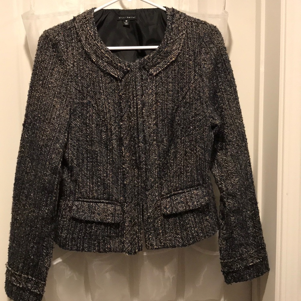 Will Smith navy tweed blazer open front long sleeve coat, size M,